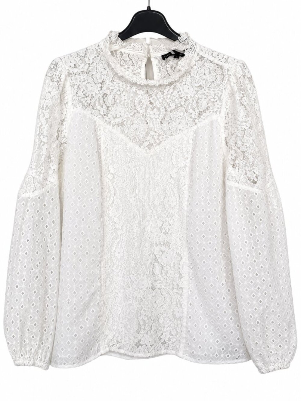 White House Black Market Lace Blouse sz 12 Mock Neck Ruffle Feminine Top - Picture 3 of 9